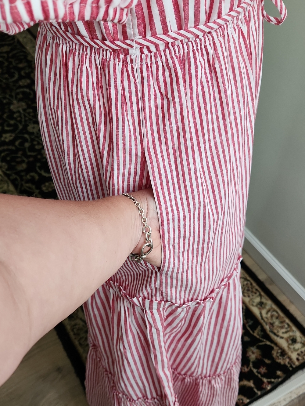 DRAPER JAMES RSVP Puff Sleeve Tiered Maxi Dress Red White Striped Size Medium - Picture 11 of 16
